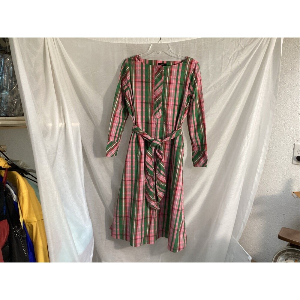 j crew tie waist poplin shirt dress sz 6 stretch cotton pink/green plaid